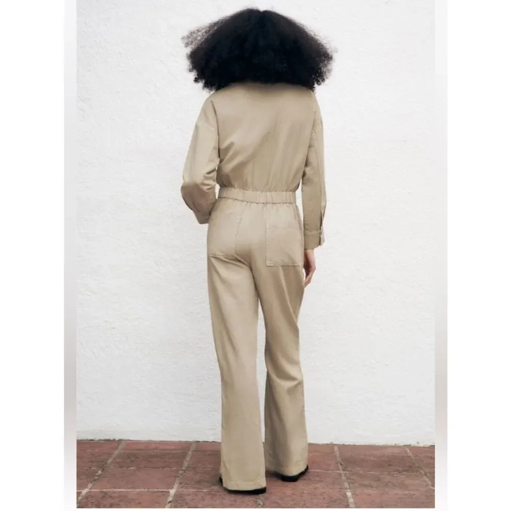 ZARA LINEN BLEND LONG JUMPSUIT SAND